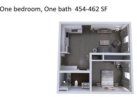 Floor plan for 1 bed, 1 bath, 462 sqft